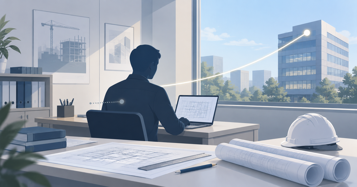 建設会社の事務所で働く人物と、雇用関係のある別会社を細い線で結んだ概念図