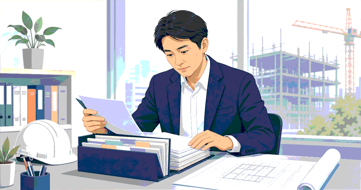 建設会社の事務所で経営経験の資料を確認する常勤役員を表したイラスト