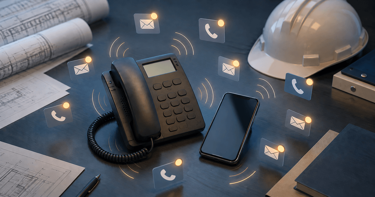 建設会社のデスクに置かれた電話とスマートフォンへ複数の着信・メッセージ通知が集まるイメージ