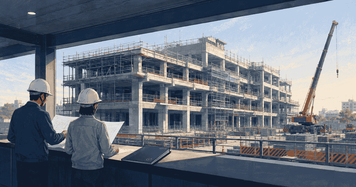 建物を建設中の工事現場で取引先と施工会社が図面と許可条件を確認するイメージ