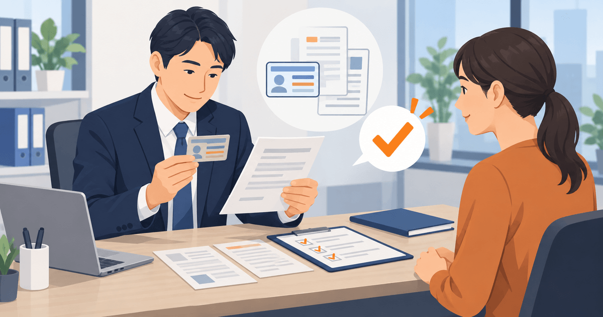 外国人採用前に在留資格とカード型書類を確認する担当者を表した図解
